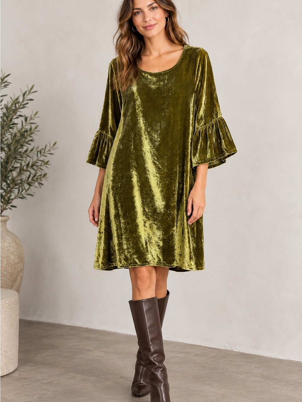 Bryn Walker XS Olive Green Velvet Bell Sleeve Shift Tunic Dress Made in USA
